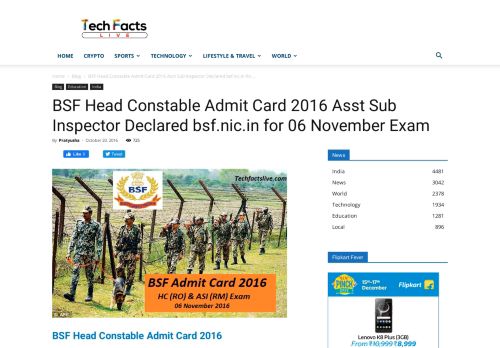 
                            7. BSF Head Constable Admit Card 2016 ASI Released for 06 Nov Exam