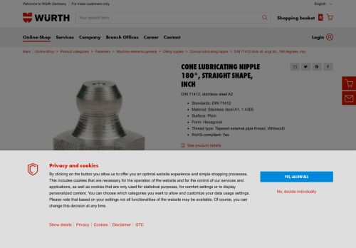 
                            13. Buy DIN 71412 stnls stl, strgt sh., 180 degrees, imp. online | WÜRTH