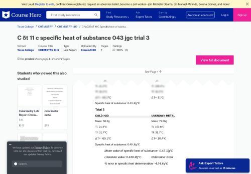 
                            13. C ΔT 11 C Specific heat of substance 043 JgC Trial 3 COLD H2O ...