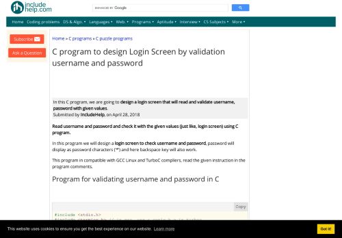 
                            9. C program to design Login Screen by validation username ...