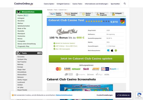 
                            12. Cabaret Club Casino online Test 2019: bis 800 € Bonus!