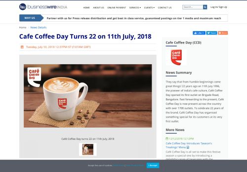 
                            11. Cafe Coffee Day Turns 22 on 11th July, 2018 - Business Wire India