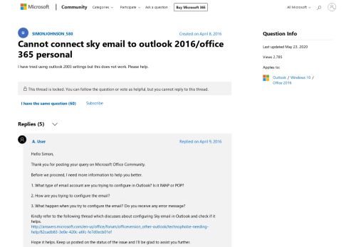 
                            13. Cannot connect sky email to outlook 2016/office 365 personal ...