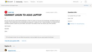 
                            1. CANNOT LOGIN TO ASUS LAPTOP - Microsoft Community