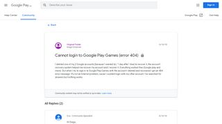 
                            1. Cannot login to Google Play Games (error 404) - Google Product Forums