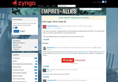 
                            2. Can't login: Error Code 29 — Empires and Allies - Zynga Poker