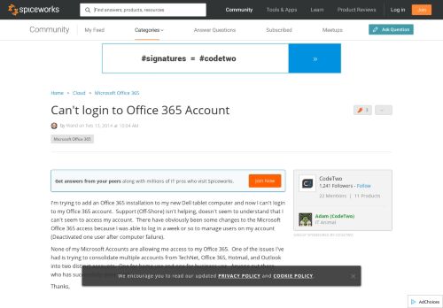
                            7. Can't login to Office 365 Account - Spiceworks Community