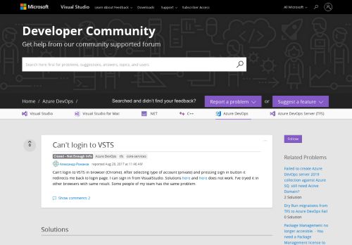 
                            7. Can't login to VSTS - Visual Studio Developer Community