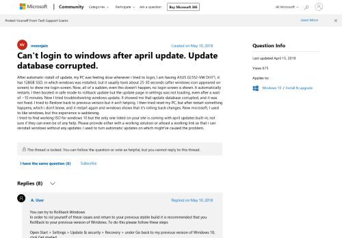 
                            1. Can't login to windows after april update. Update database ...