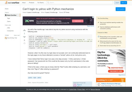 
                            9. Can't login to yahoo with Python mechanize - Stack Overflow
