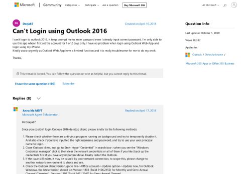 
                            6. Can't Login using Outlook 2016 - Microsoft Community