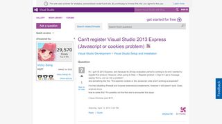 
                            2. Can't register Visual Studio 2013 Express (Javascript or cookies ...