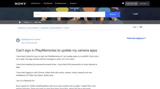
                            9. Can't sign in PlayMemories to update my camera apps