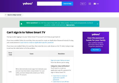 
                            10. Can't sign in to Yahoo Smart TV - Help for Yahoo Account