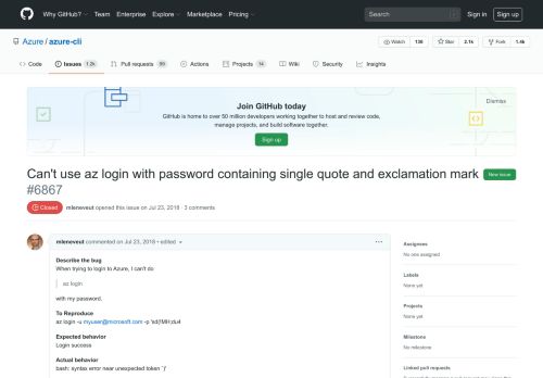 
                            5. Can't use az login with password containing single quote and ... - GitHub