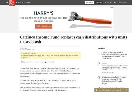 
                            12. Carfinco Income Fund replaces cash distributions with units to save ...