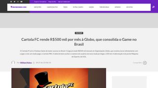 
                            11. Cartola FC rende R$500 mil por mês à Globo, que consolida o Game ...