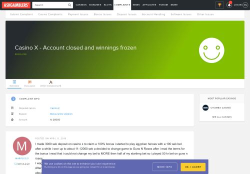 
                            11. Casino X - Account closed and winnings frozen - Complaint Solved ...