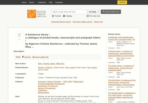 
                            6. Catalog Record: A Swinburne library : a catalogue of printed... | Hathi ...