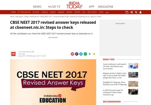 
                            7. CBSE NEET 2017 revised answer keys released at cbseneet.nic.in ...
