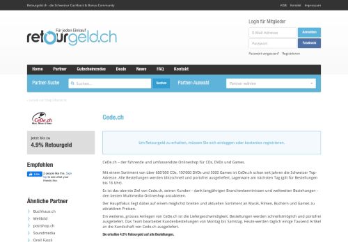 
                            10. Cede.ch Online Shop Schweiz Cashback - Retourgeld.ch