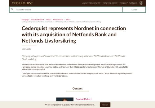 
                            12. Cederquist represents Nordnet in connection with its acquisition of ...