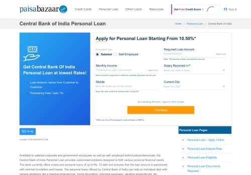 
                            8. Central Bank of India Personal Loan Interest Rate, Apply Online