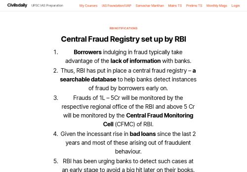 
                            8. Central Fraud Registry set up by RBI – Civilsdaily
