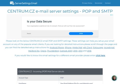 
                            9. CENTRUM.CZ email server settings - POP and SMTP - ServerSettings ...