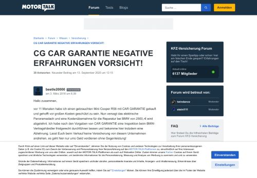
                            13. CG CAR GARANTIE NEGATIVE ERFAHRUNGEN VORSICHT! - Sta... - Motor-Talk