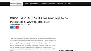 
                            10. CGPMT 2018 MBBS/ BDS Answer keys to be Published @ www ...