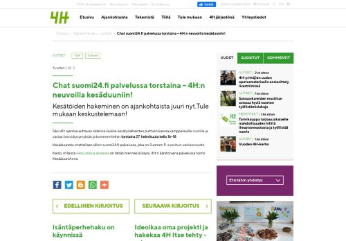 
                            8. Chat suomi24.fi palvelussa torstaina – 4H:n neuvoilla kesäduuniin! - 4h