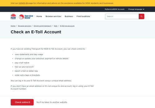 
                            3. Check an E-Toll Account | Service NSW