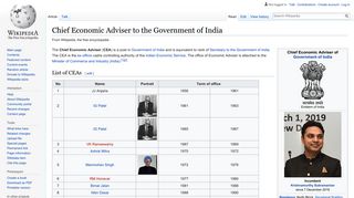 
                            6. Chief Economic Adviser to the Government of India - Wikipedia