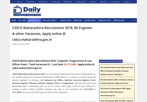 
                            5. CIDCO Maharashtra Recruitment 2018, 85 Engineer & other ...