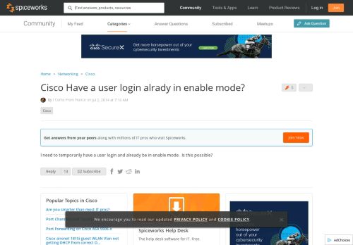 
                            12. Cisco Have a user login alrady in enable mode? - Spiceworks Community
