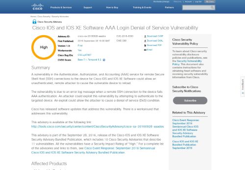 
                            10. Cisco IOS and IOS XE Software AAA Login Denial of Service ...