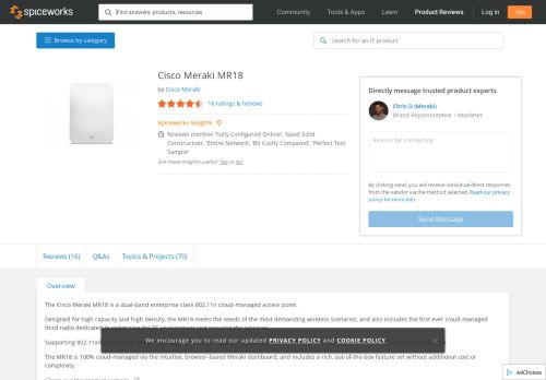 
                            9. Cisco Meraki MR18 Specs, Pricing, Reviews, & Support