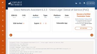 
                            10. Cisco Network Assistant 6.3.3 - 'Cisco Login' Denial of Service (PoC)