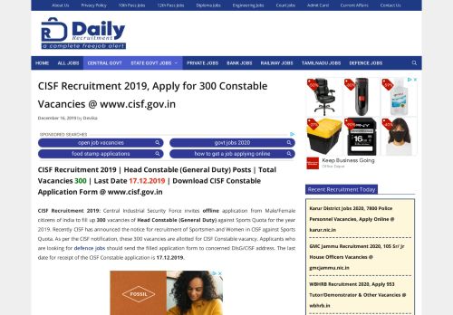 
                            4. CISF Recruitment 2019, 429 Head Constable Vacancies, Apply Online ...