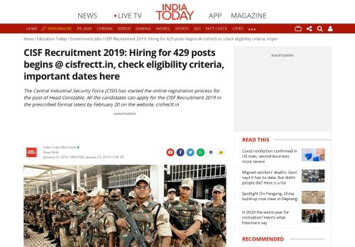 
                            11. CISF Recruitment 2019: Hiring for 429 posts begins @ cisfrectt.in ...