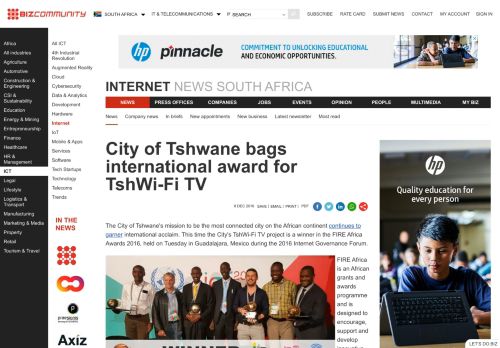 
                            12. City of Tshwane bags international award for TshWi-Fi TV