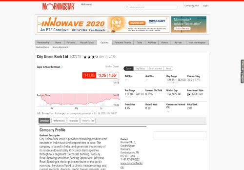 
                            13. City Union Bank Ltd - Stock Overview - Morningstar India