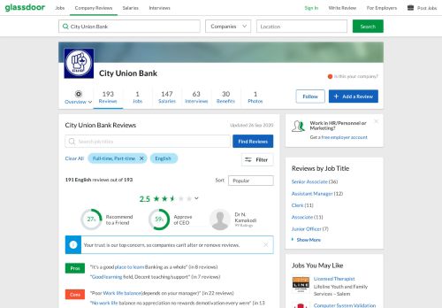 
                            11. City Union Bank Reviews | Glassdoor.co.in