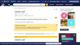
                            6. CLARION CALL | signification, définition dans le dictionnaire Anglais ...