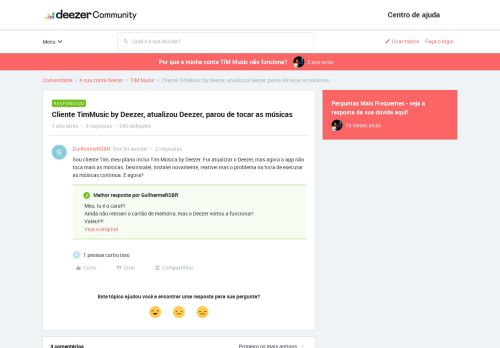 
                            10. Cliente TimMusic by Deezer, atualizou Deezer, parou de tocar as ...