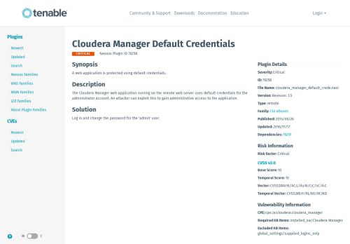 
                            11. Cloudera Manager Default Credentials | Tenable™
