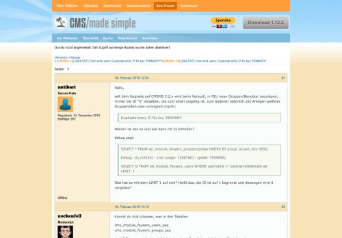 
                            7. [CMSMS V2] [GELÖST] Front end users: Duplicate entry '0' for key ...