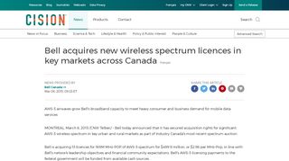 
                            13. CNW | Bell acquires new wireless spectrum licences in key ...