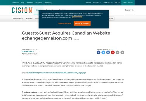 
                            9. CNW | GuesttoGuest Acquires Canadian Website echangedemaison ...